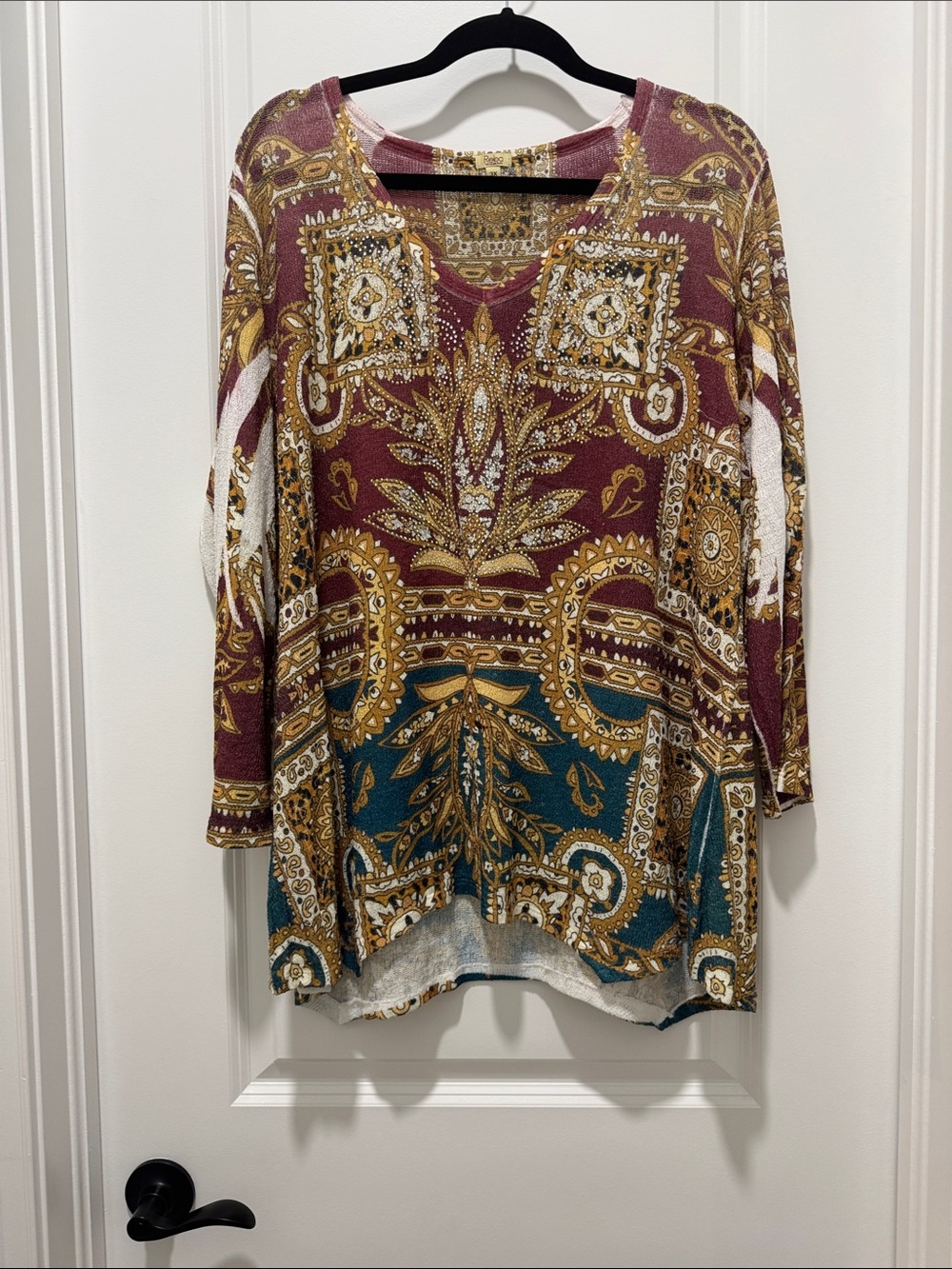Reba Paisley Medallion V-Neck Tunic in Burgundy, Teal & Gold